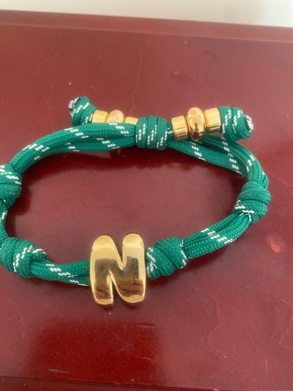 Green Rope Bracelet with Gold Initial N Accent